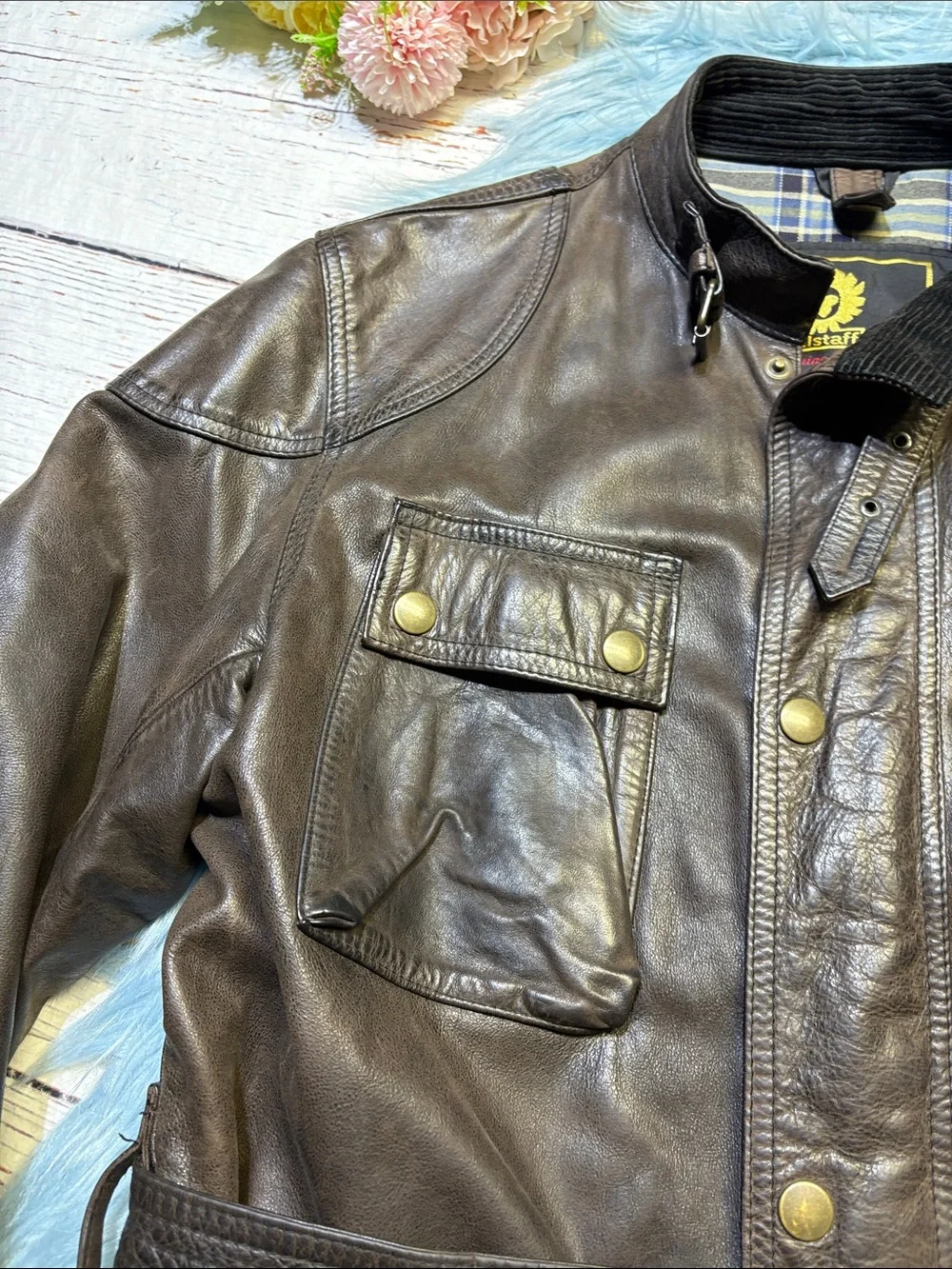 Belstaff Brown Leather Belted Military Field Motorcycle Jacket sz XL